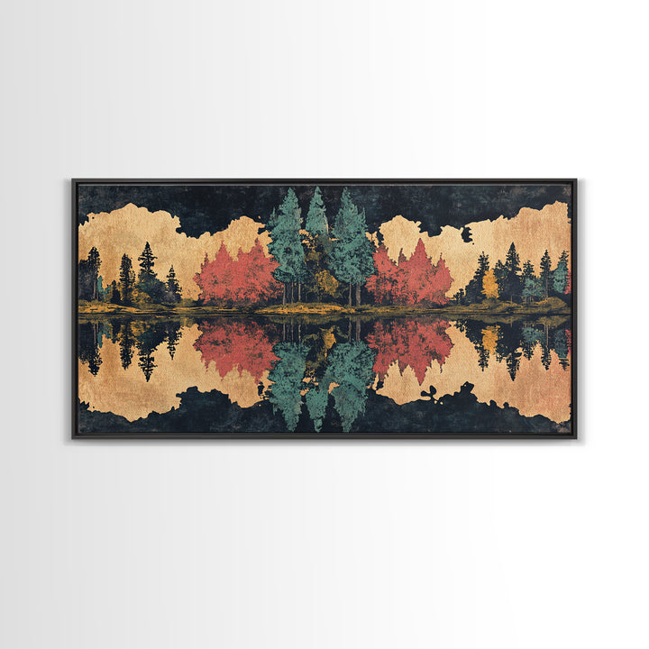 Autumn Forest Lake Reflection Wall Art, Abstract Landscape Print, Panoramic Canvas Decor For Living Room And Cabin, Rustic Home Decor Gift