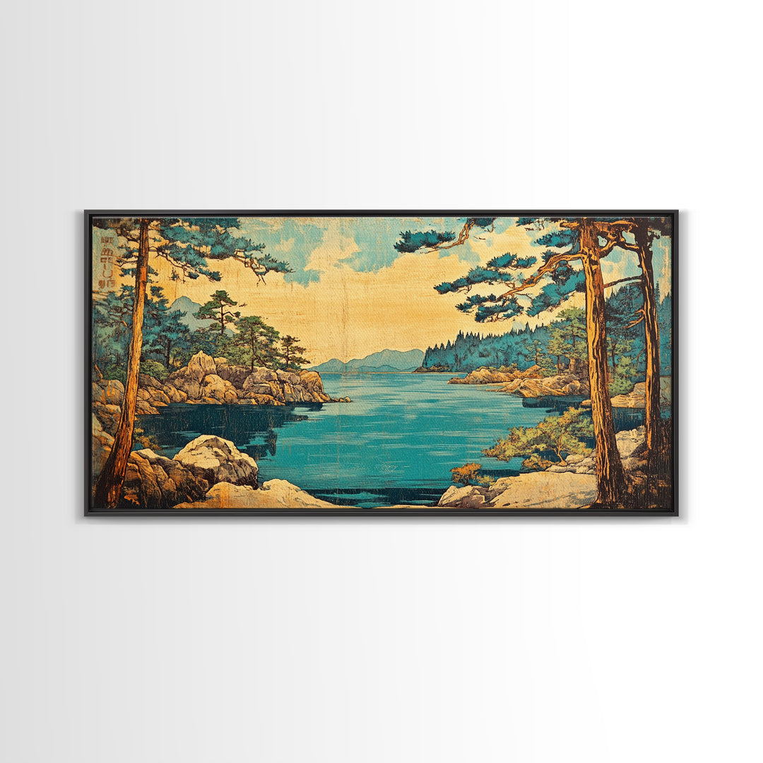 Rocky Pine Coast And Blue Lake Framed Canvas Print, Japanese Landscape Wall Art, Coastal Nature Decor For Living Room, Beach House Gift
