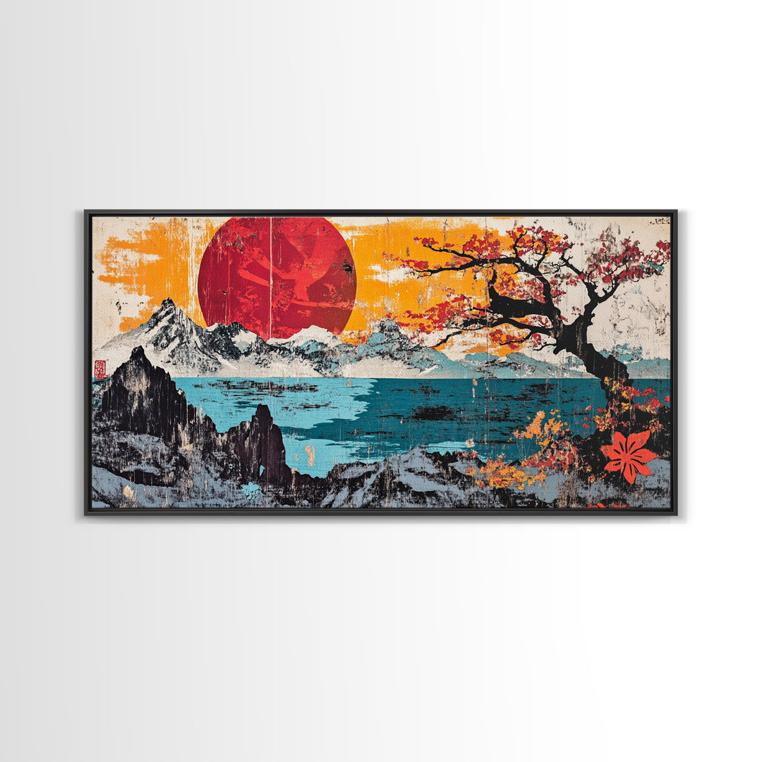 Red Sun Snowy Mountains Wall Art, Japanese Cherry Blossom Seascape Print, Bold Asian Home Decor, Large Canvas For Living Room