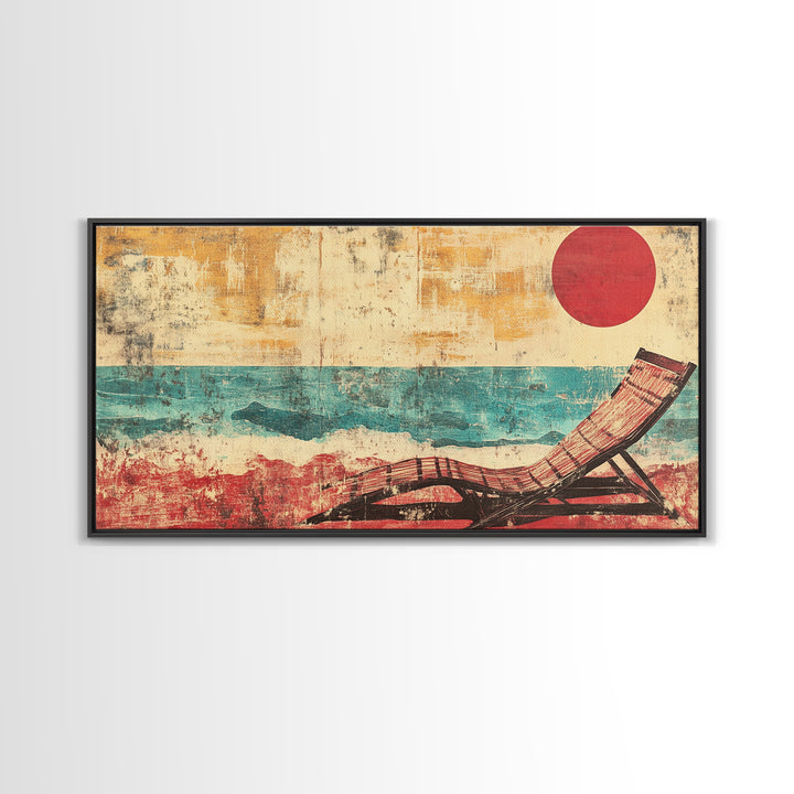 Red Sun Beach Chair Canvas Print, Coastal Wall Art, Ocean Waves Poster, Summer Beach House Decor For Bedroom And Living Room