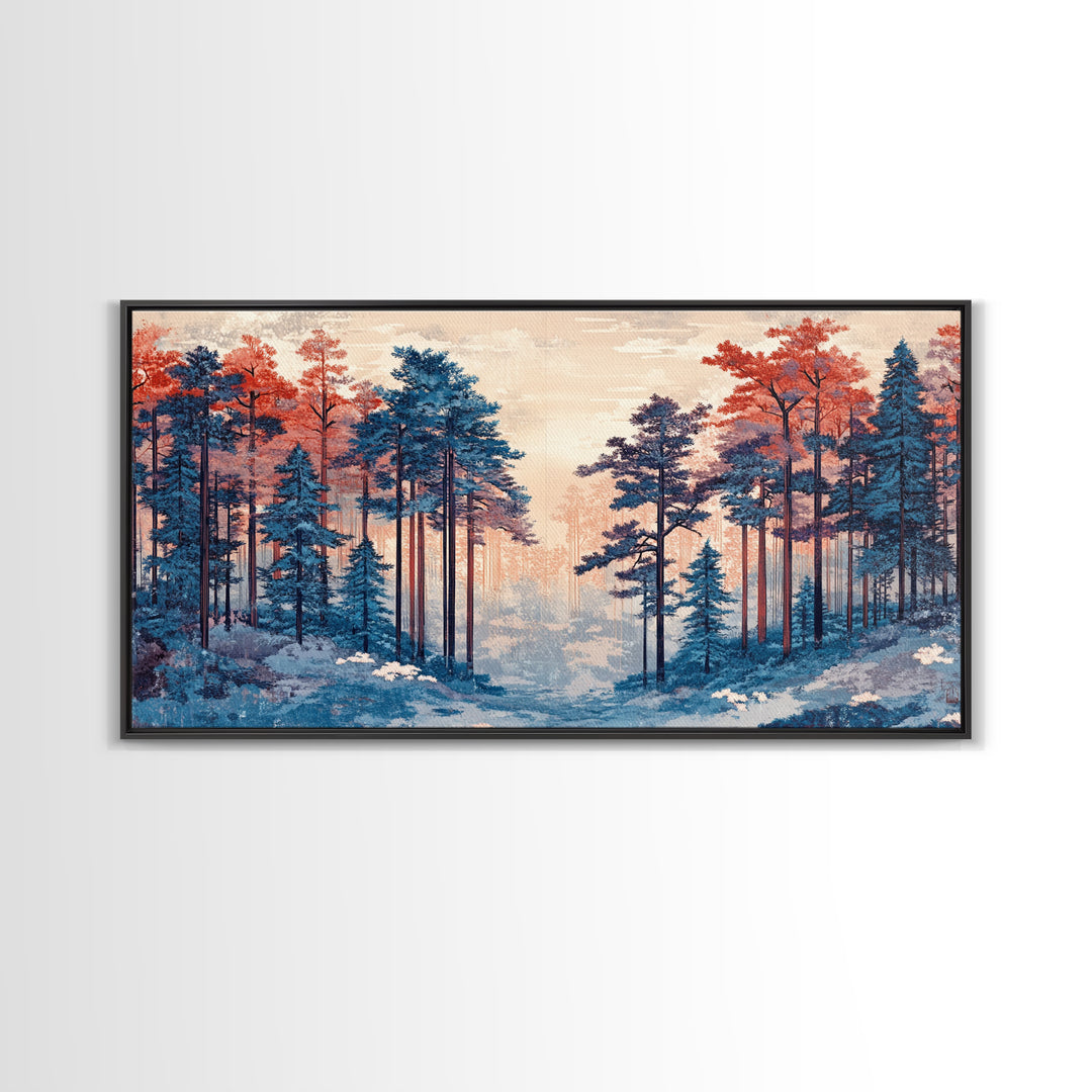 Misty Blue Pine Forest With Coral Autumn Trees Wall Art, Nature Landscape Print, Scandinavian Decor, Cozy Bedroom Wall Decor