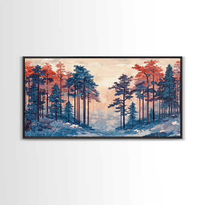 Misty Blue Pine Forest With Coral Autumn Trees Wall Art, Nature Landscape Print, Scandinavian Decor, Cozy Bedroom Wall Decor