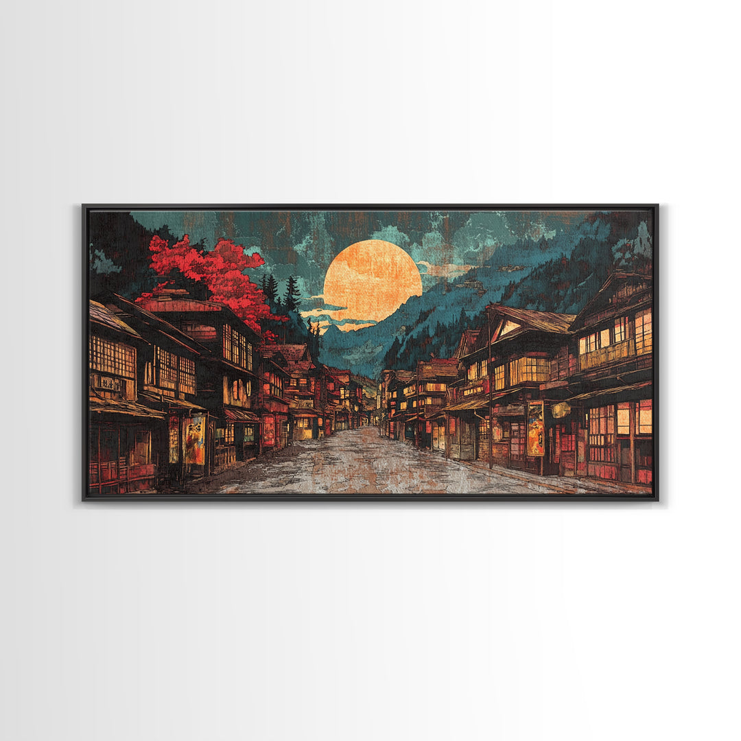 Moonlit Japanese Village Street With Red Maple Trees Framed Canvas Print, Japandi Wall Art, Moody Living Room Wall Decor
