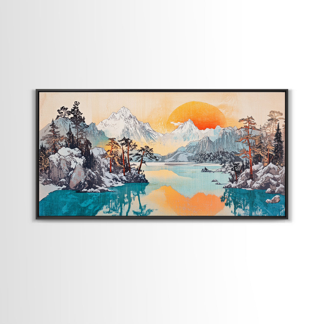 Serene Alpine Lake With Snowy Peaks And Orange Sun Framed Canvas Print, Mountain Wall Art, Japandi Nature Living Room Home Decor