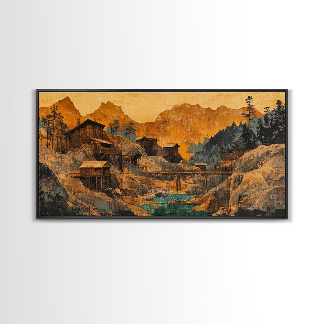 Rustic Mountain Mining Village Framed Canvas Print, Japanese Landscape Wall Art, Cabin Decor, Office Decor, Housewarming Gift