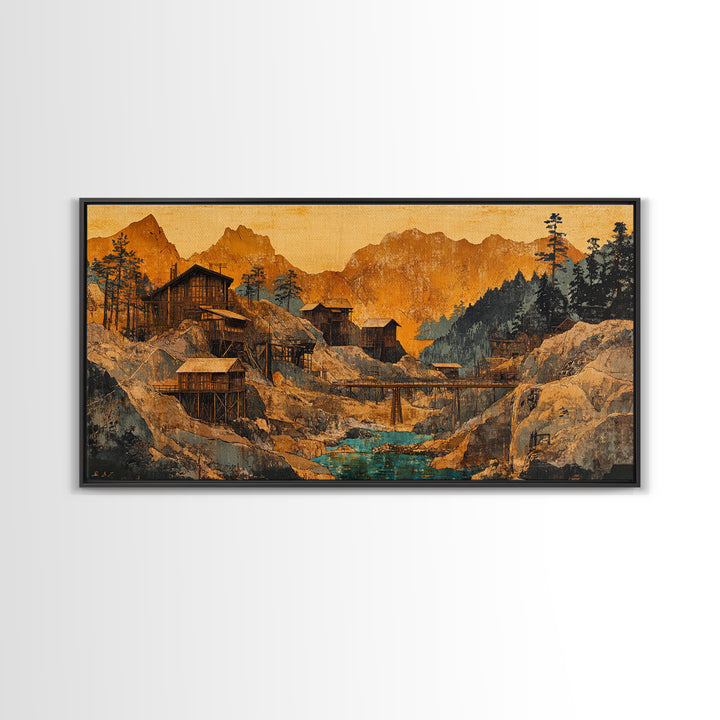 Rustic Mountain Mining Village Framed Canvas Print, Japanese Landscape Wall Art, Cabin Decor, Office Decor, Housewarming Gift