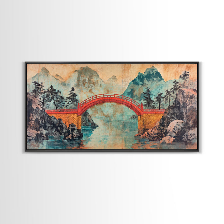 Red Arch Bridge Mountain Lake Canvas Print, Japanese Wall Art, Serene Landscape Art, Zen Home Decor, Living Room Wall Decor