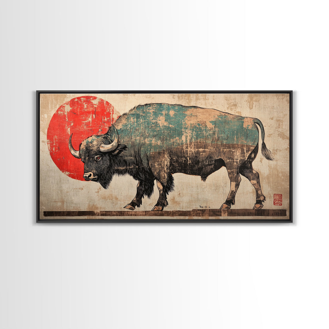 Walking Bison Red Sun Canvas Print, Western Wall Art, Buffalo Art Print, Rustic Home Decor, Masculine Office Wall Decor, Gift For Him