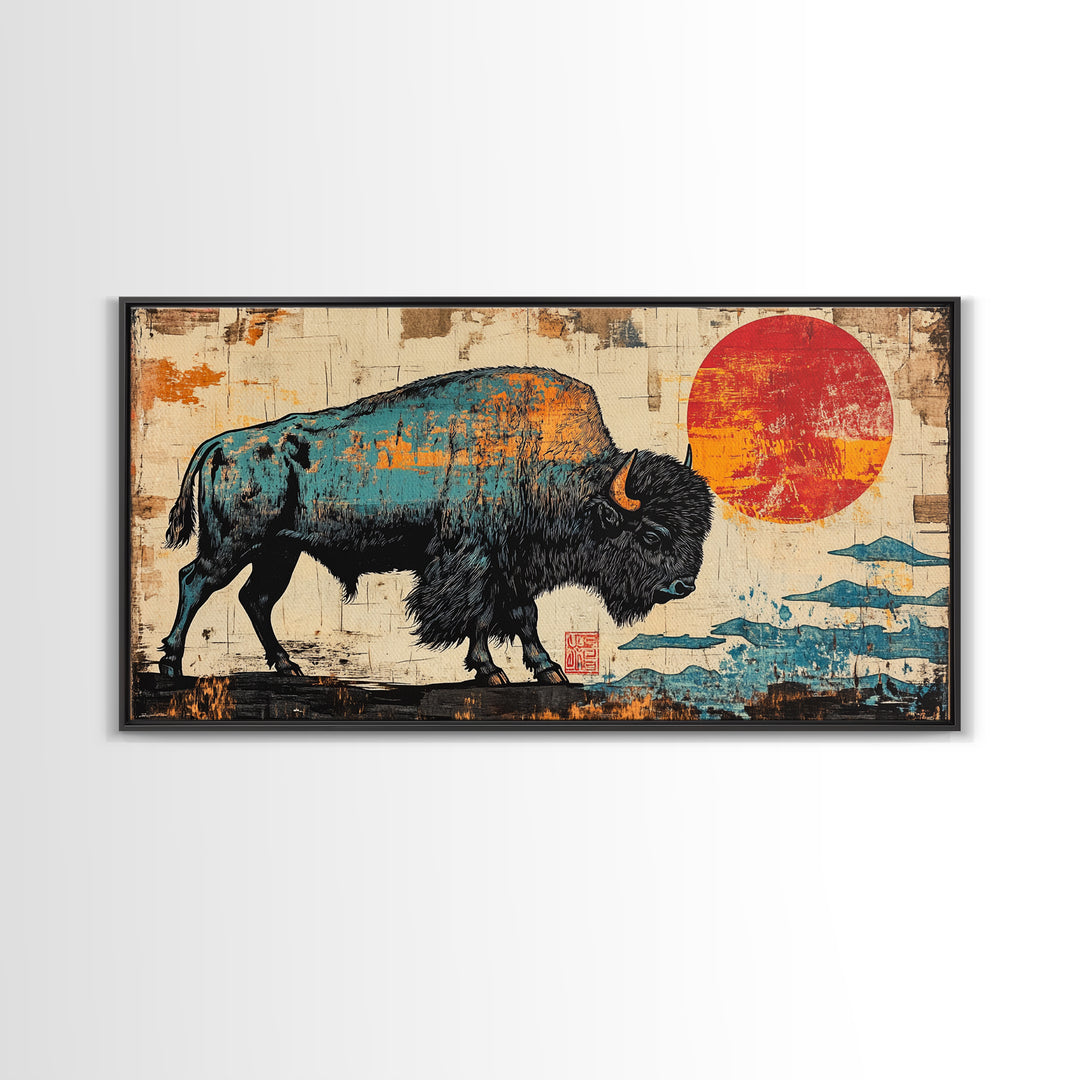Textured Bison Red Sun Framed Canvas Print, Western Wall Art, Buffalo Wall Decor, Rustic Farmhouse Decor, Gift For Him, Office Decor