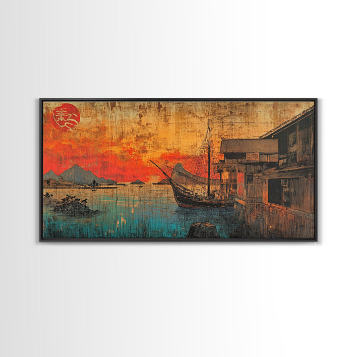 Sunset Harbor Boat Village Canvas Print, Japanese Coastal Wall Art, Nautical Decor, Travel Poster, Living Room Wall Decor