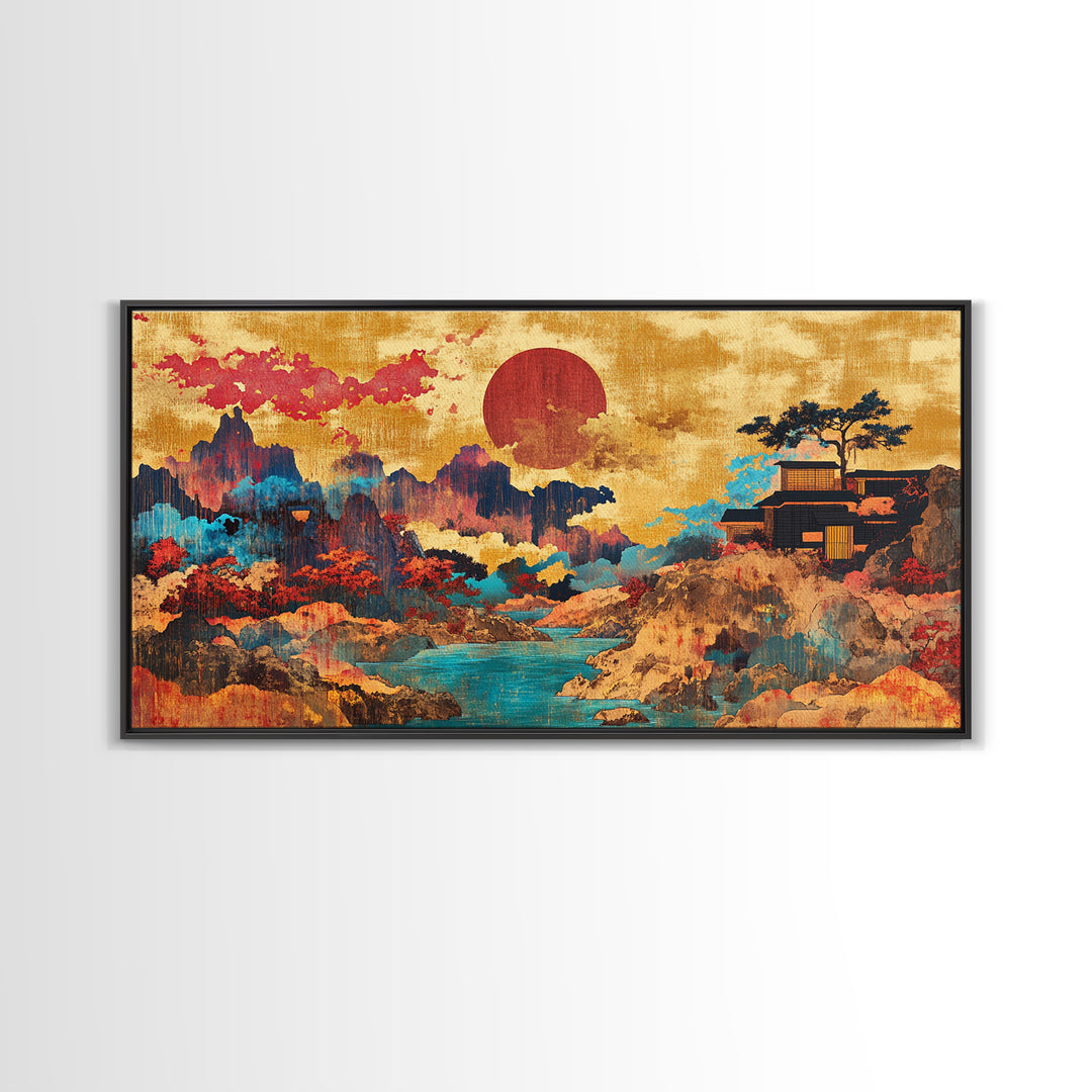 Red Sun Mountain River Wall Art, Japanese Landscape Canvas, Asian Inspired Decor, Panoramic Print, Living Room Decor, Modern Home Decor