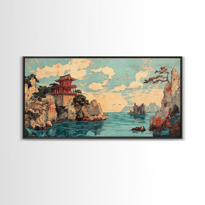 Clifftop Pagoda Ocean Canvas Print, Japanese Coastal Landscape Wall Decor, Asian Inspired Art, Travel Poster, Home Decor Art Print