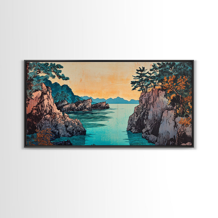 Rocky Pine Sea Inlet Framed Canvas Print, Japanese Coastal Wall Art, Autumn Landscape, Modern Living Room Decor, Home Decor