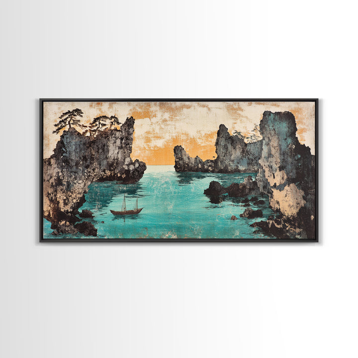 Turquoise Cove And Sailboat Wall Art, Japanese Seascape Print, Coastal Wall Decor, Panoramic Canvas Home Decor, Living Room Decor