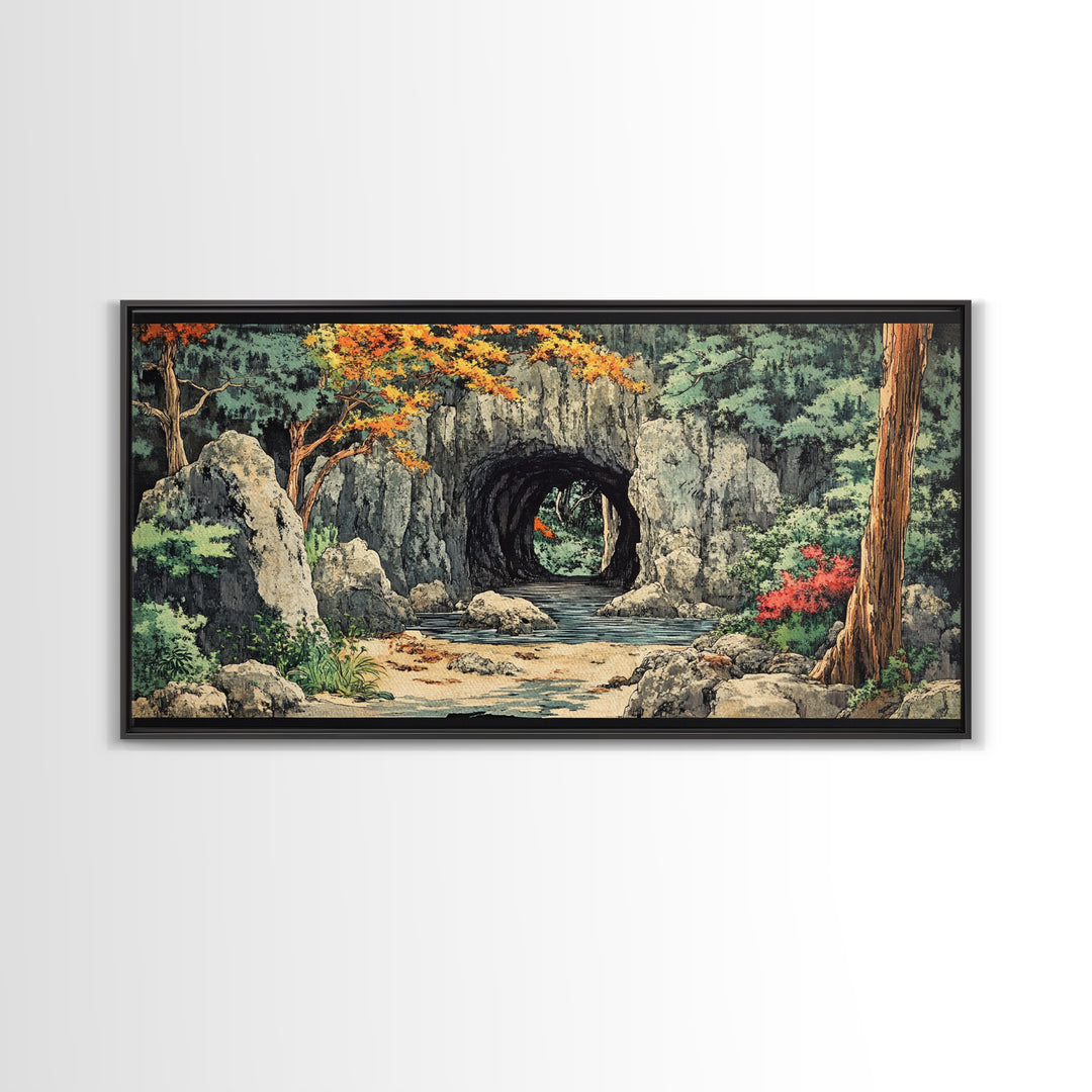 Stone Moon Gate Garden Canvas Print, Japanese Forest Stream Wall Art, Zen Home Decor, Japandi Living Room Wall Decor Art Print