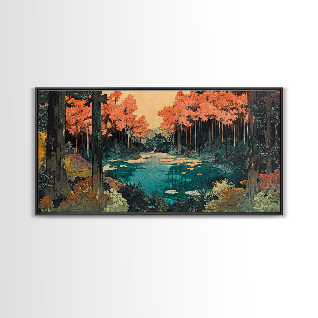 Autumn Forest Pond Canvas Print, Orange Trees And Lily Pads Wall Art, Japandi Nature Decor, Cozy Living Room Decor, Home Decor