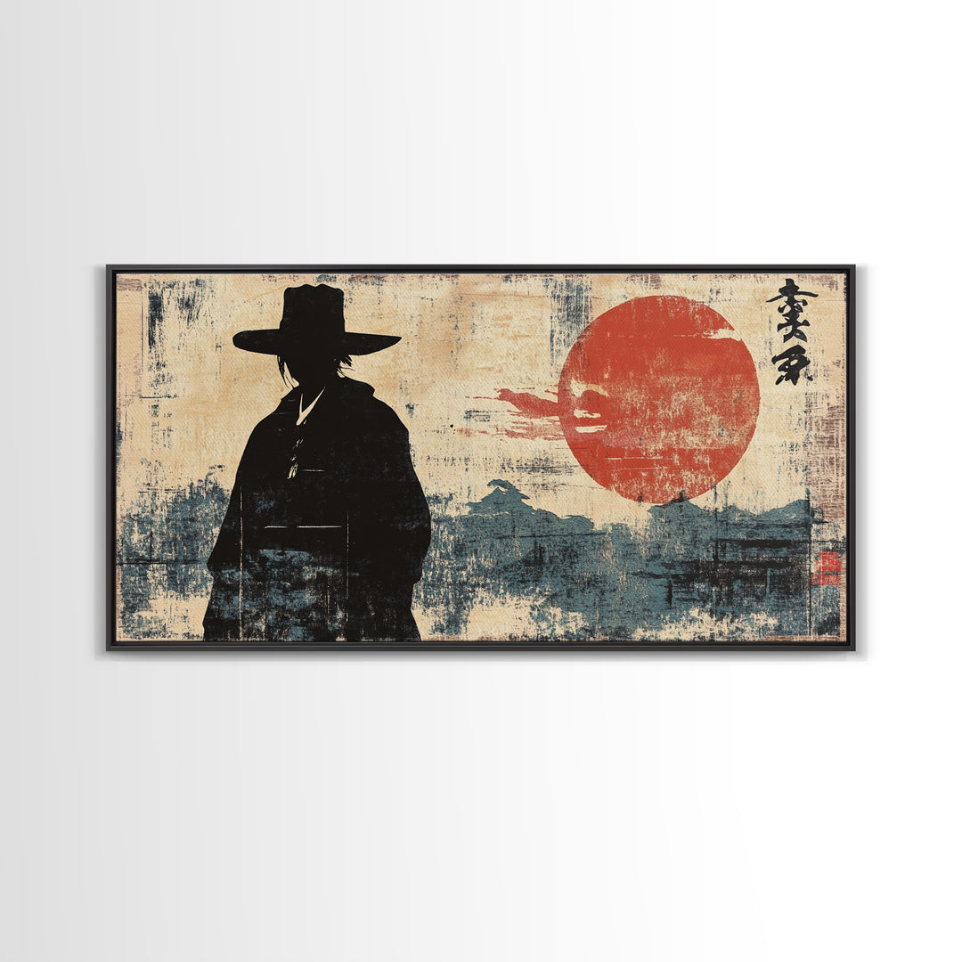 Samurai Silhouette Red Sun Wall Art, Japanese Warrior Print, Asian Inspired Decor, Masculine Office Wall Decor, Home Decor