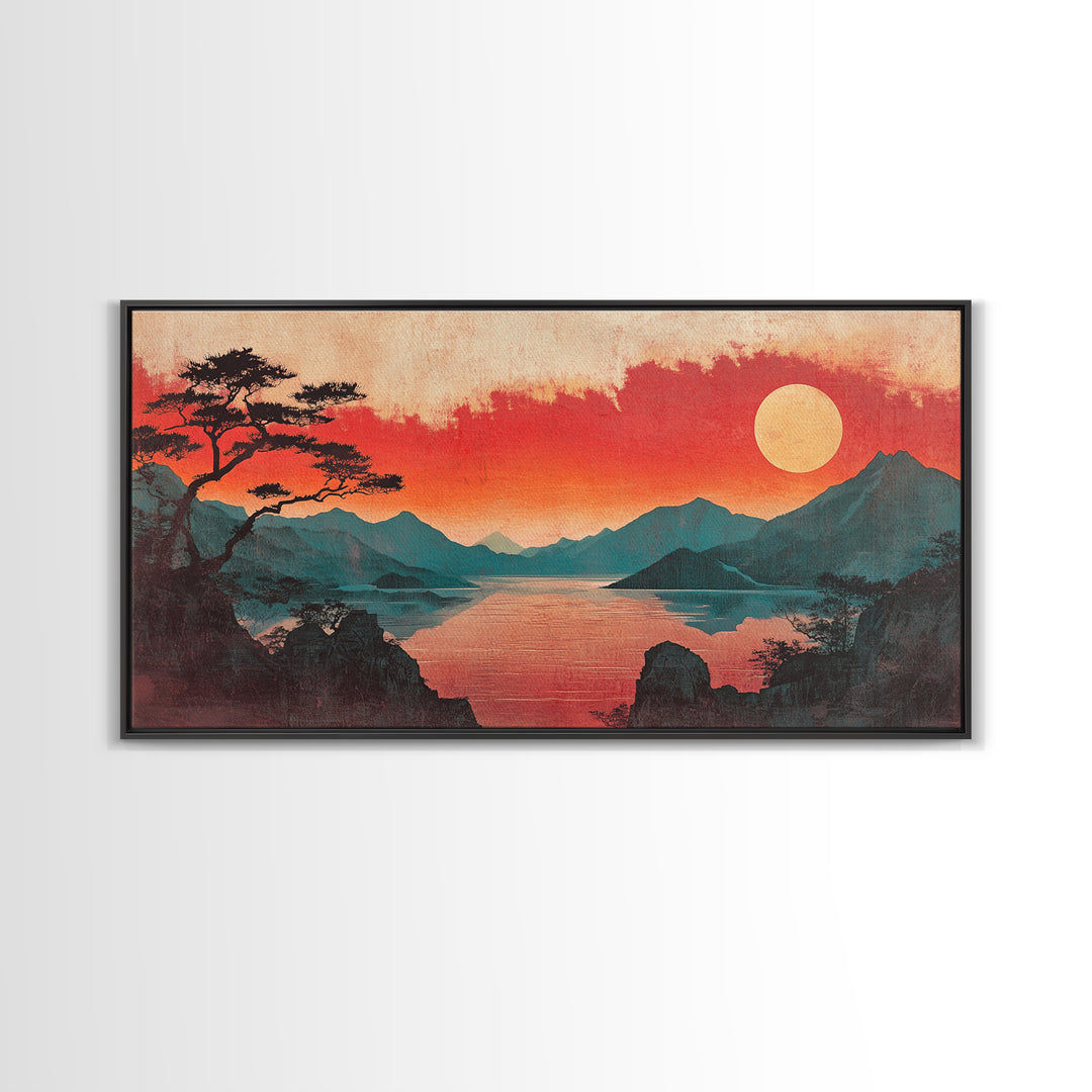 Crimson Sunset Mountain Lake Canvas Print, Japanese Landscape Wall Art, Red Sky Decor, Panoramic Living Room Decor, Home Decor