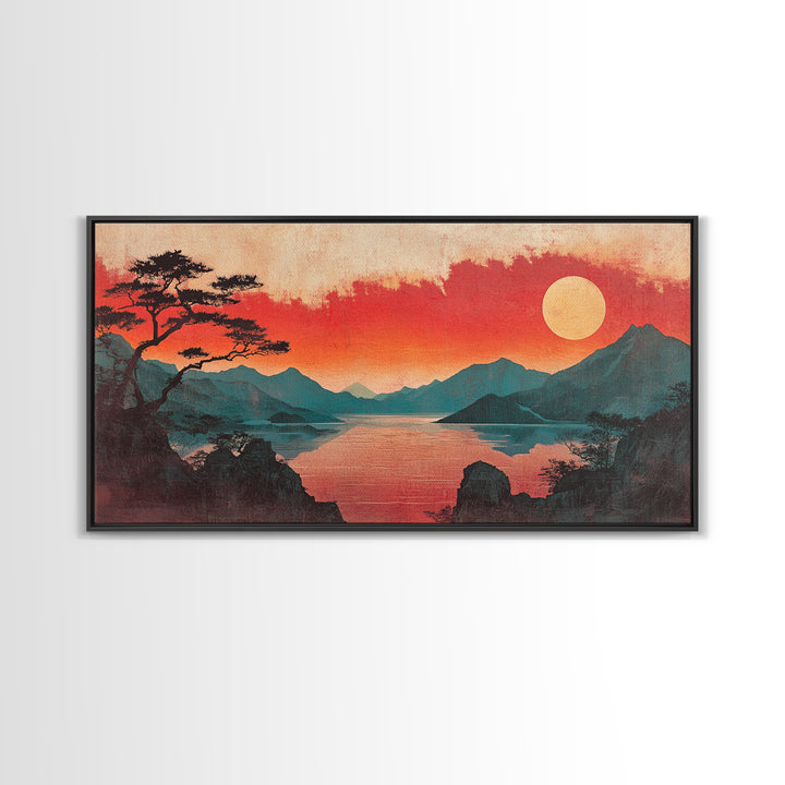 Crimson Sunset Mountain Lake Canvas Print, Japanese Landscape Wall Art, Red Sky Decor, Panoramic Living Room Decor, Home Decor