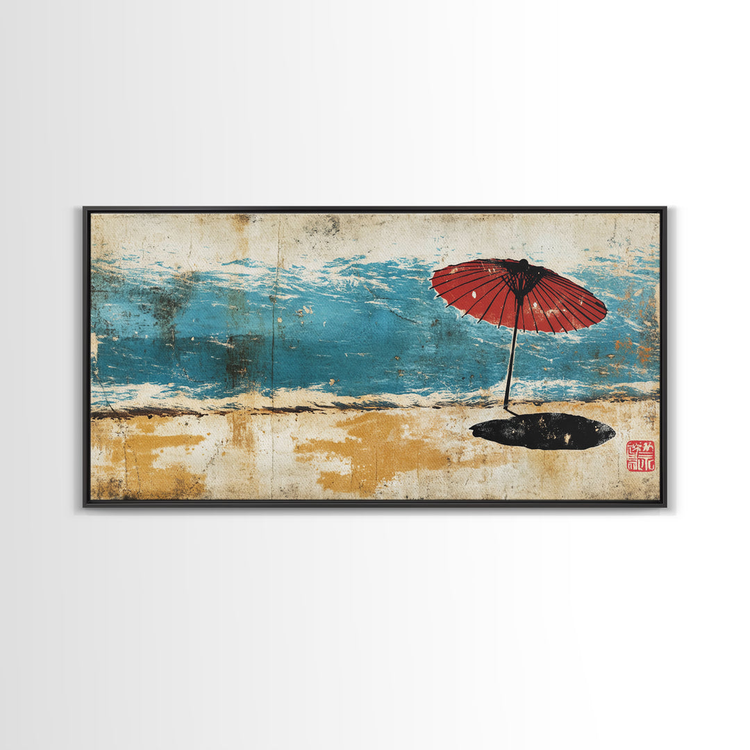 Red Beach Umbrella By Turquoise Waves Wall Art, Japanese Coastal Canvas Print, Beach House Decor, Ocean Wall Decor Gift For Her