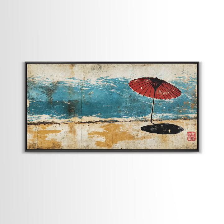 Red Beach Umbrella By Turquoise Waves Wall Art, Japanese Coastal Canvas Print, Beach House Decor, Ocean Wall Decor Gift For Her