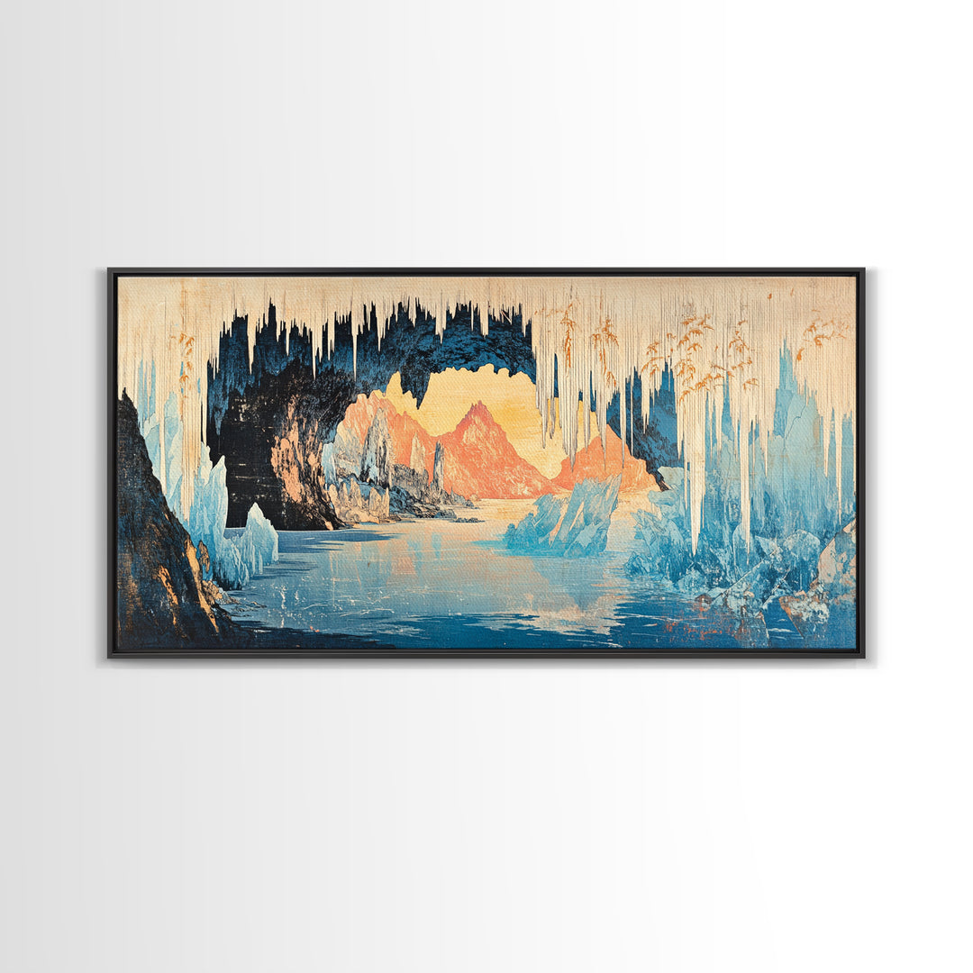 Glowing Ice Cave With Frozen Lake Wall Art, Arctic Landscape Canvas Print, Blue Mountain Decor, Fantasy Nature Art Gift Idea