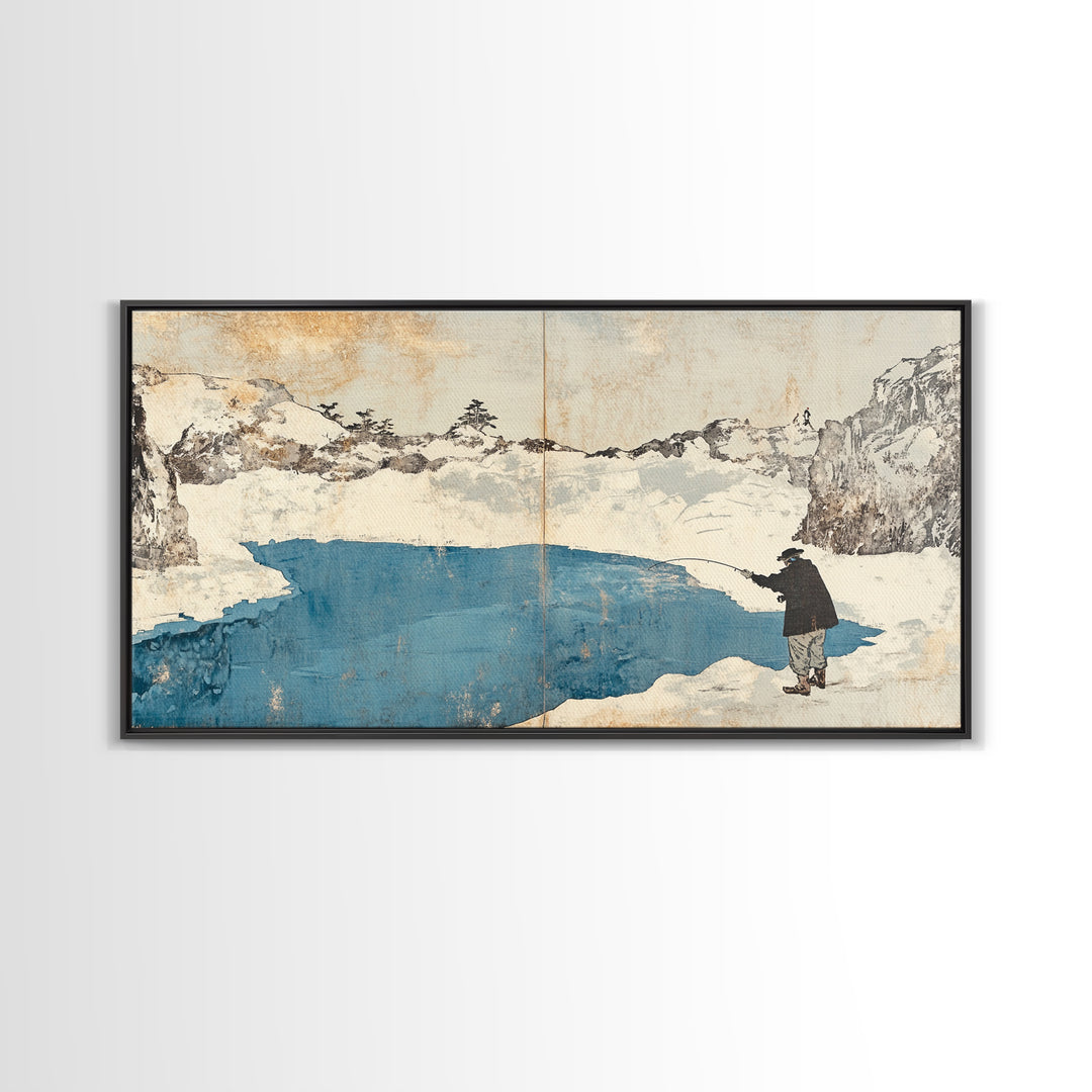 Lone Traveler Beside Snowy Blue Lake Wall Art, Japanese Landscape Canvas Print, Minimalist Winter Decor, Zen Home Decor Gift