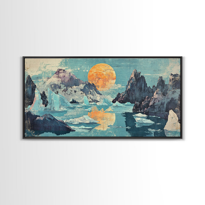 Orange Sun Over Icy Mountain Lake Wall Art, Abstract Landscape Canvas Print, Japandi Coastal Decor, Large Living Room Art