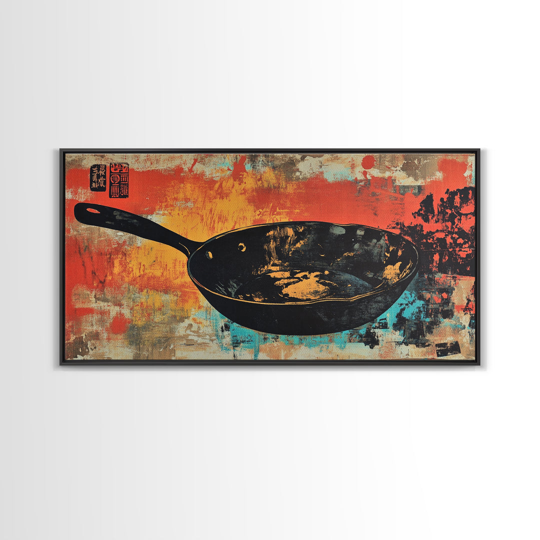 Black Wok Pan On Red Teal Background Wall Art, Kitchen Canvas Print, Rustic Food Decor, Dining Room Wall Decor Gift For Chef