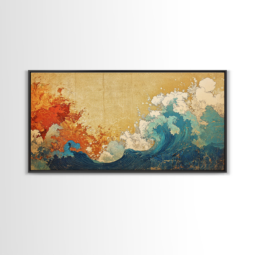 Fiery Orange And Blue Japanese Wave Canvas Print, Ocean Wall Art, Abstract Seascape For Coastal Home Decor And Living Room Decor