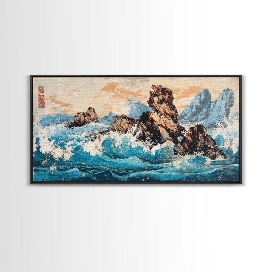 Rocky Blue Ocean Cliffs In Japanese Style Framed Canvas Print, Seascape Wall Art For Coastal Decor And Nautical Home Decor