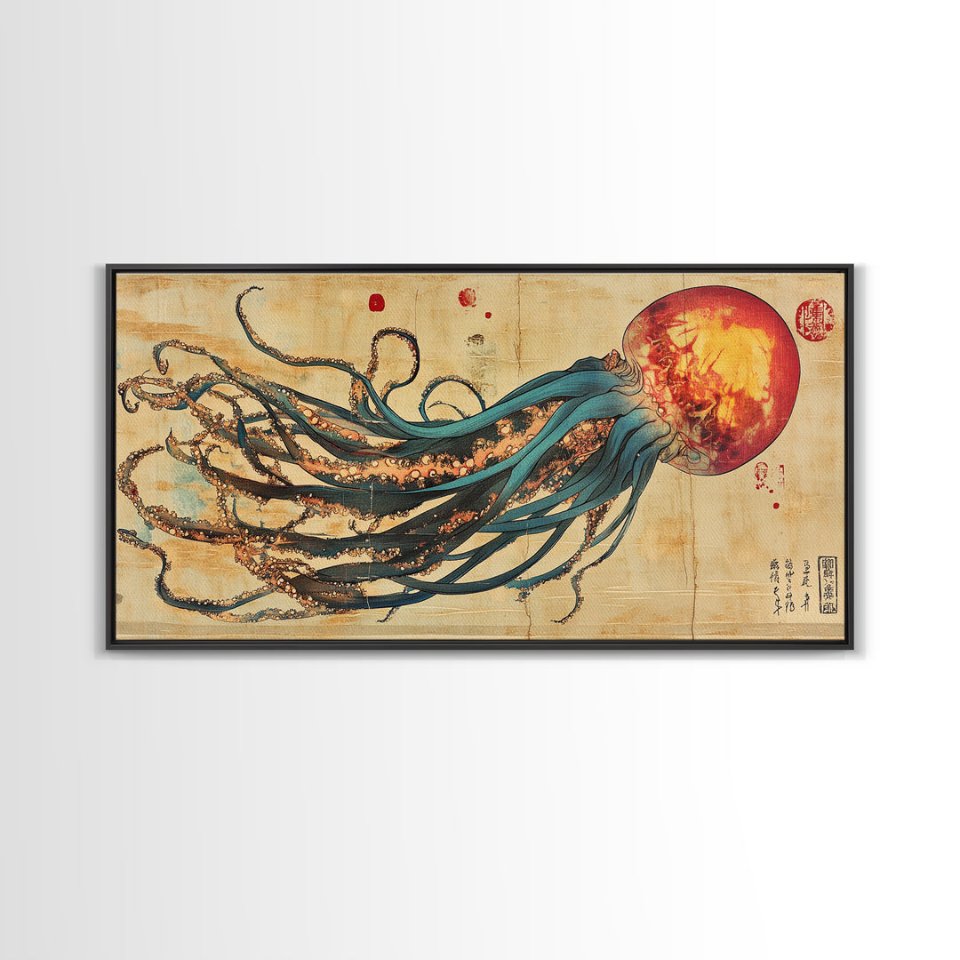 Giant Squid With Red Sun Japanese Wall Art, Octopus Canvas Print For Marine Life Decor, Coastal Statement Artwork For Living Room Decor