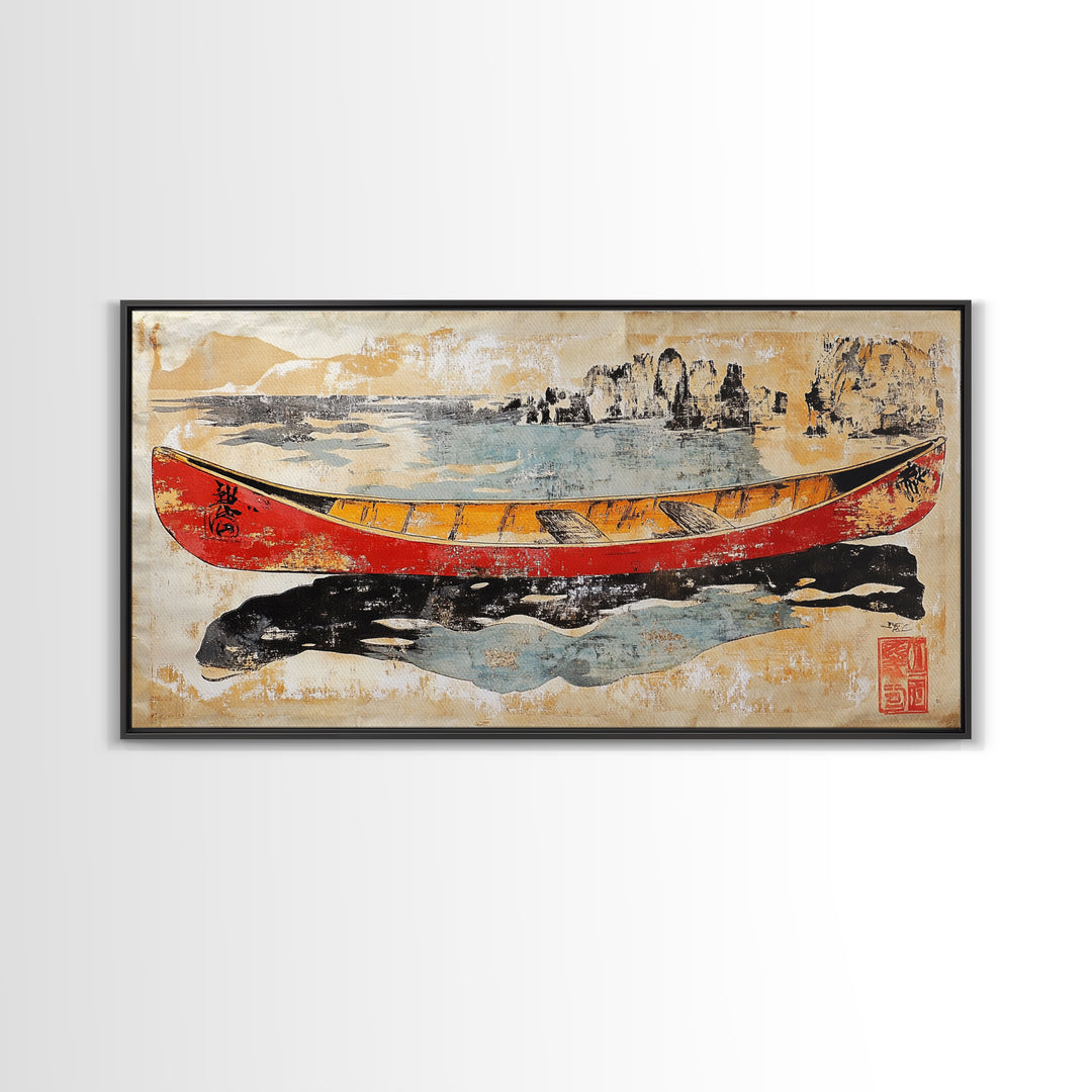 Red And Yellow Canoe On Rugged Shore Framed Canvas Print, Nautical Wall Art For Lake House Decor And Coastal Home Decor Art