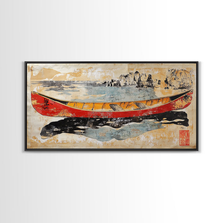 Red And Yellow Canoe On Rugged Shore Framed Canvas Print, Nautical Wall Art For Lake House Decor And Coastal Home Decor Art