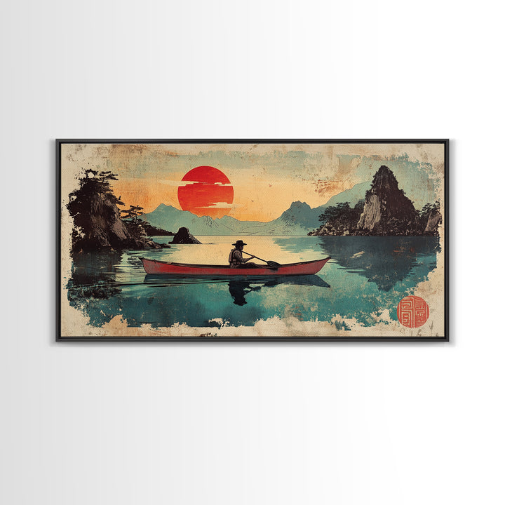 Fisherman Rowboat On Misty Mountain Lake Wall Art, Japanese Landscape Canvas Print For Zen Home Decor And Living Room Decor