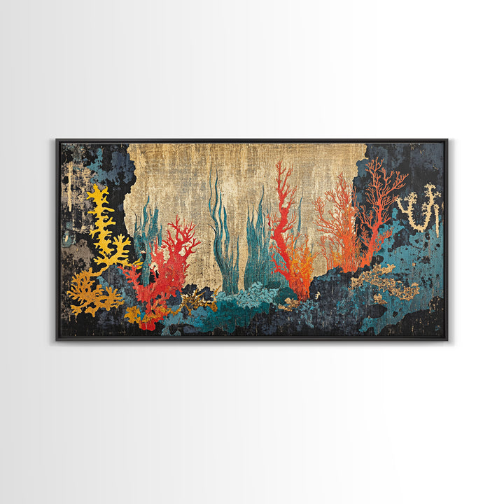 Vibrant Coral Reef Underwater Scene Framed Canvas Print, Ocean Wall Art For Coastal Decor, Marine Life And Beach House Decor