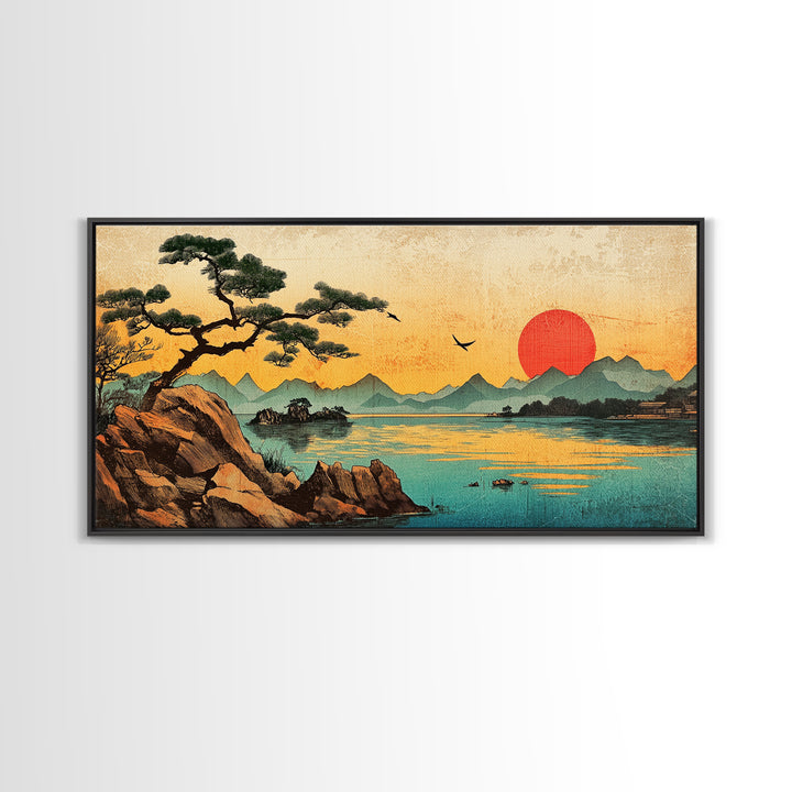 Pine Tree Sunset Over Mountain Lake Wall Art, Japanese Landscape Canvas Print For Zen Decor And Coastal Living Room Decor