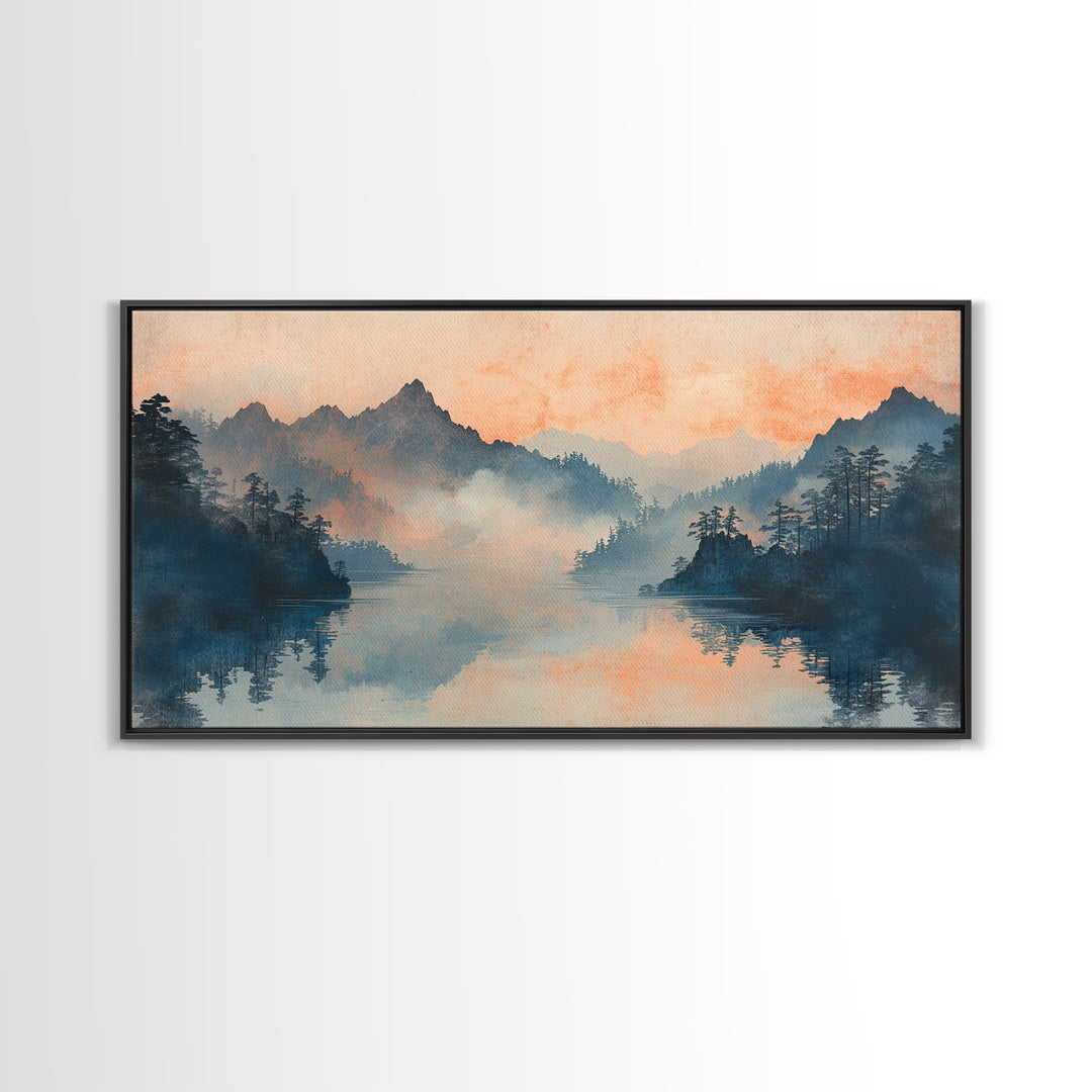 Misty Mountain Lake Sunrise Wall Art, Japanese Landscape Art Print, Serene Nature Decor, Large Horizontal Living Room Decor