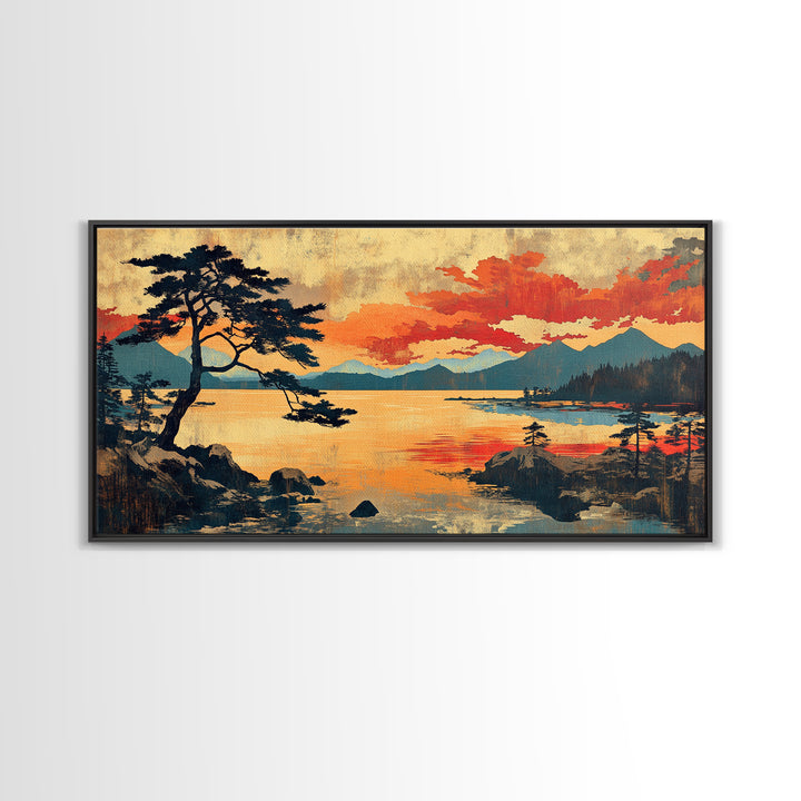Orange Sunset Pine Lake Wall Art, Japanese Woodblock Landscape Print, Rustic Cabin Decor, Large Nature Art For Living Room