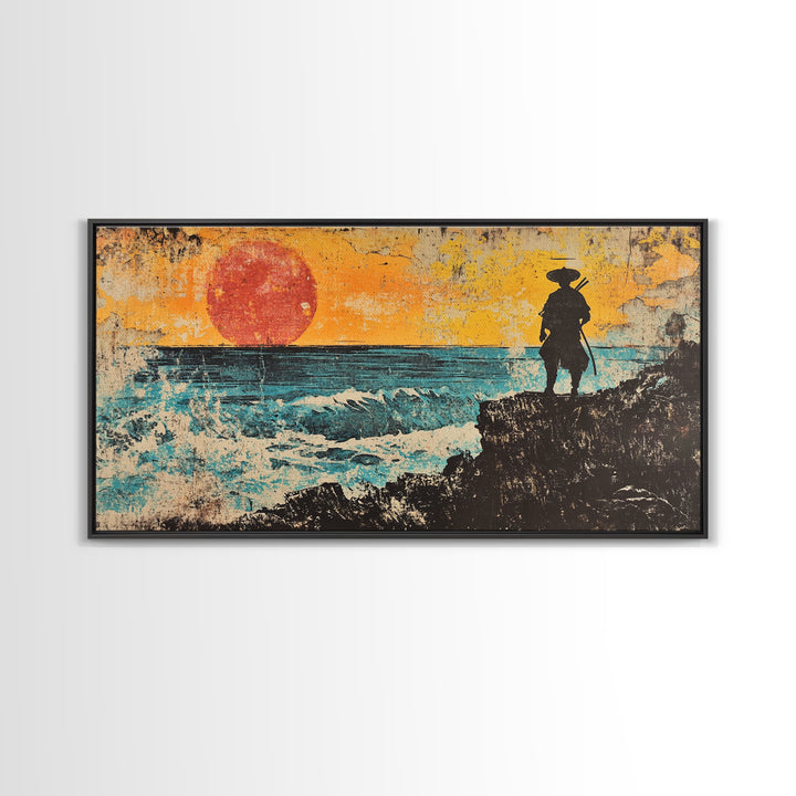 Samurai Ocean Sunset Framed Canvas Print, Japanese Warrior Wall Art, Coastal Seascape Decor, Bold Gift For Him, Man Cave Decor