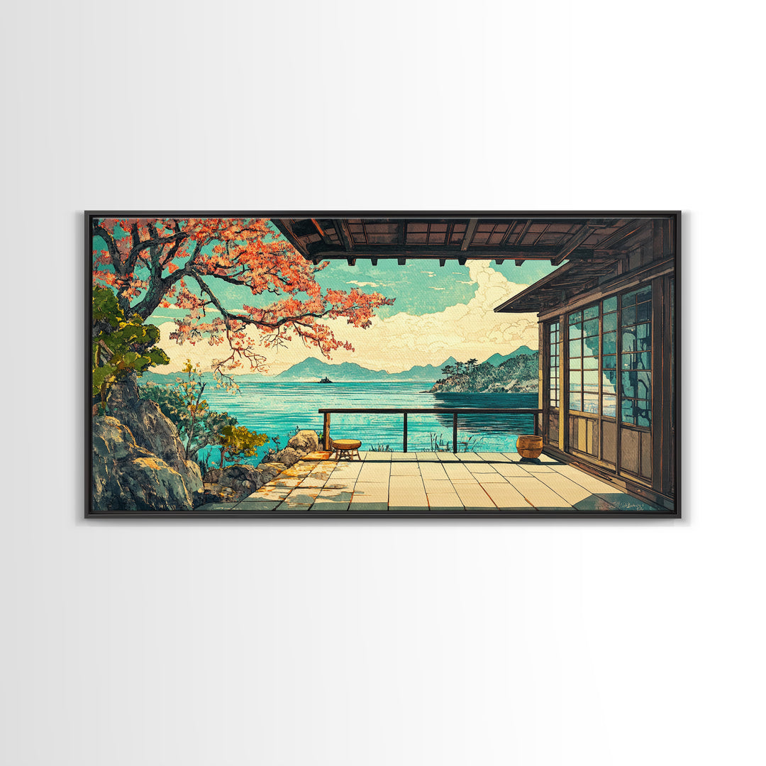 Japanese Seaside Veranda Canvas Print, Turquoise Ocean Wall Art, Zen Coastal Home Decor, Japandi Living Room Wall Decor Art