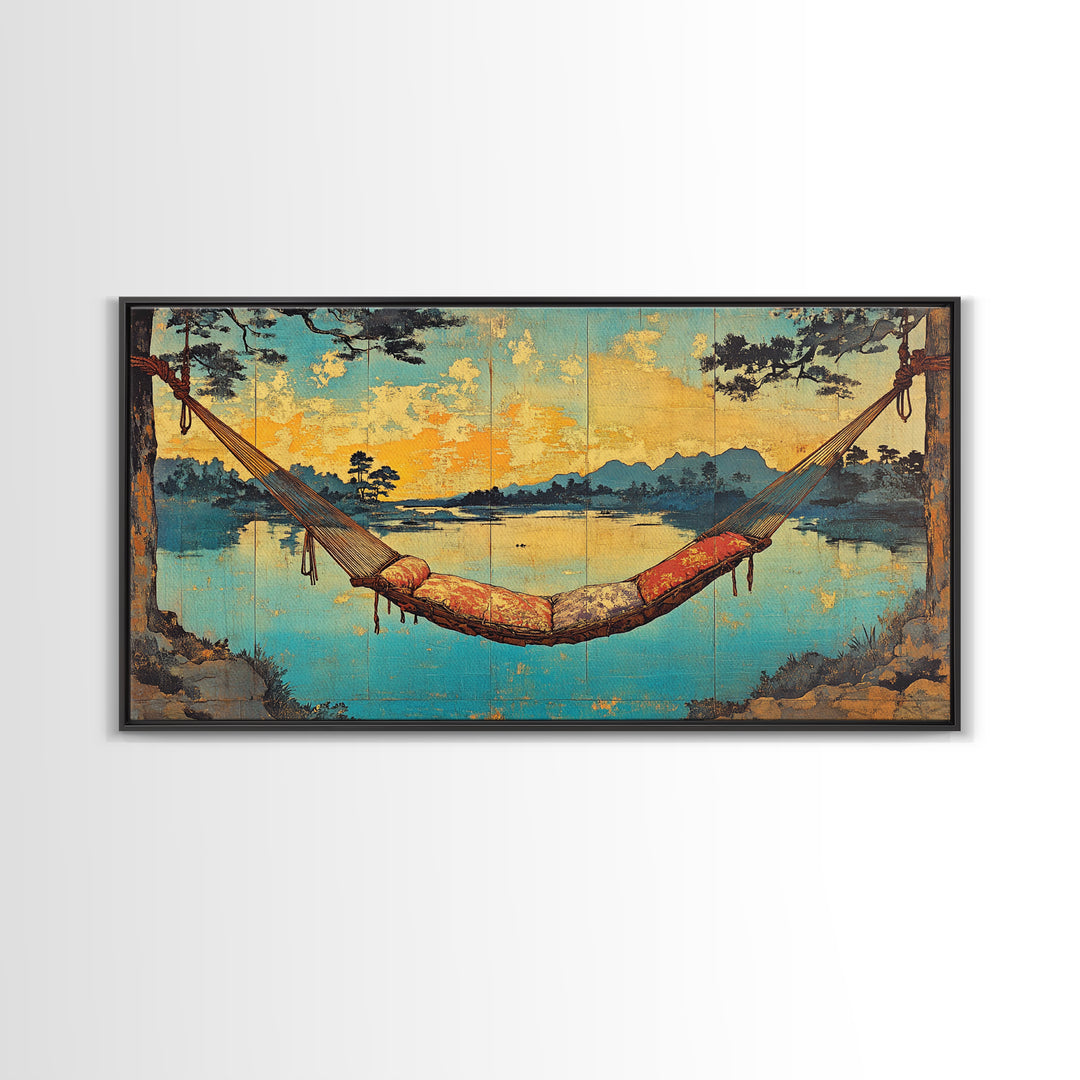 Lakeside Hammock Sunset Wall Art, Cozy Cabin Landscape Print, Relaxing Nature Decor, Large Horizontal Canvas Print, Lake House Decor