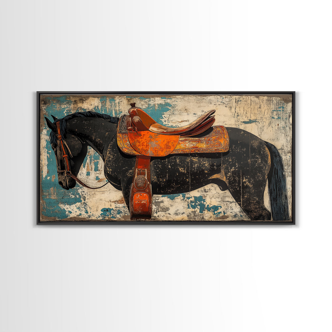 Black Horse With Orange Western Saddle Wall Art, Rustic Ranch Decor, Equestrian Art Print, Cowboy Living Room Decor Gift