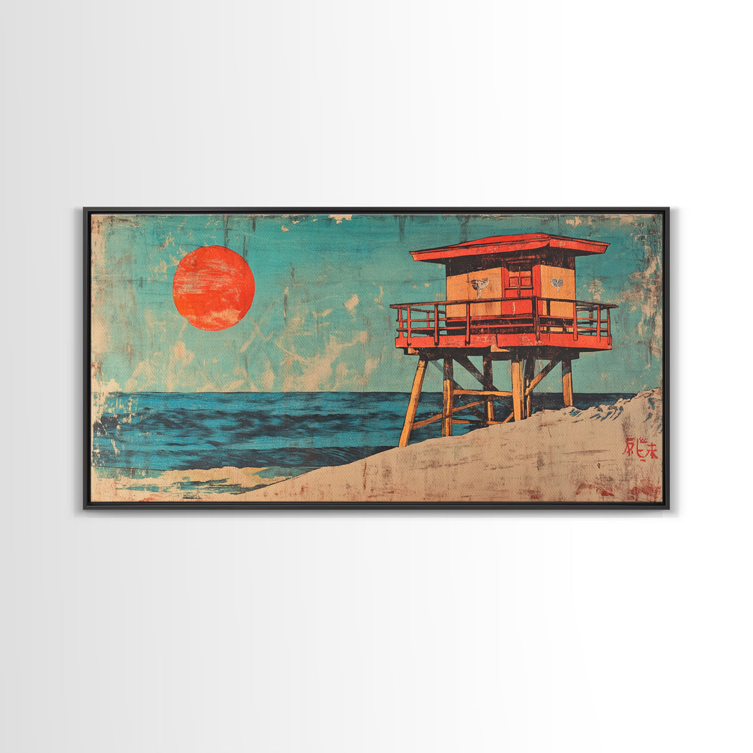 Red Lifeguard Tower Beside Blue Ocean Canvas Print, Coastal Wall Art, Beach House Decor, Retro Travel Poster Print For Home