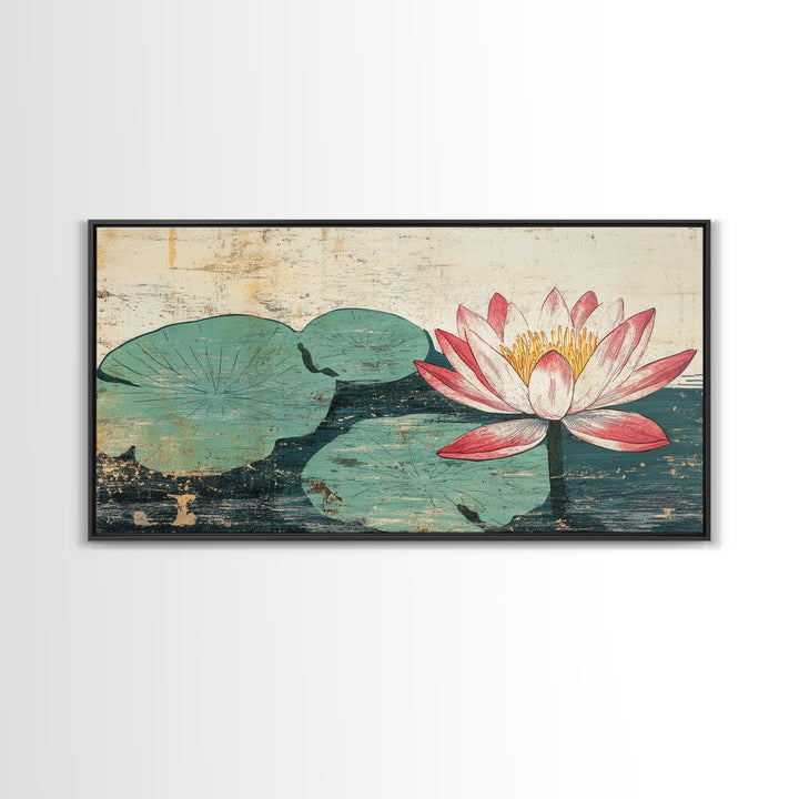 Pink Lotus Blossom And Lily Pads Canvas Print, Zen Wall Art, Botanical Wall Decor, Japandi Bathroom Art, Spa Decor Print