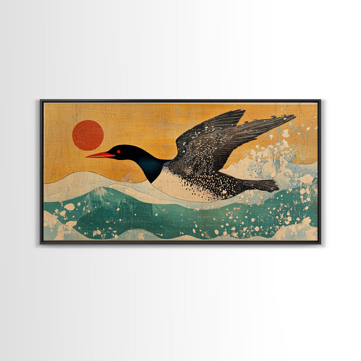 Black Loon Bird Canvas Print, Japanese Coastal Wall Art, Lake House Decor, Nautical Wildlife Art Print For Bird Lovers Gift