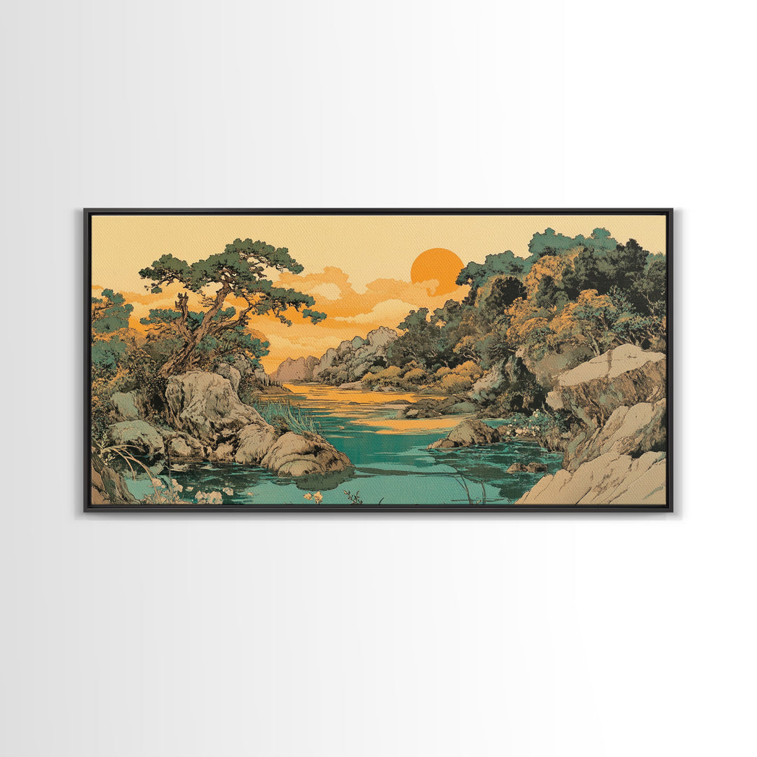 Golden River Valley Landscape Wall Art, Japanese Mountain Canvas Print, Serene Nature Decor, Japandi Living Room Art Gift