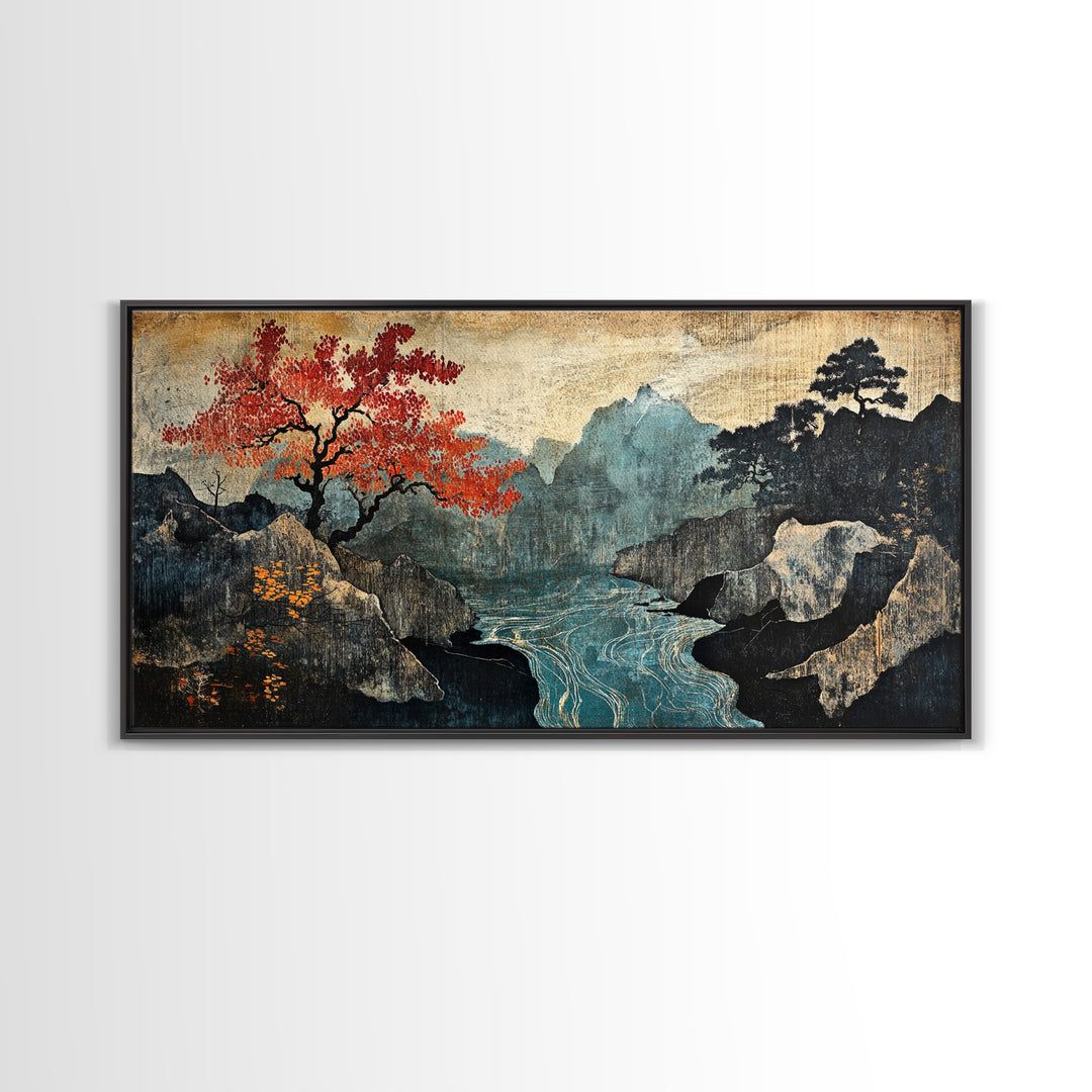 Autumn Mountain Lake Framed Canvas Print, Japanese Landscape Wall Art, Moody Nature Decor, Red Tree Japandi Wall Decor Gift