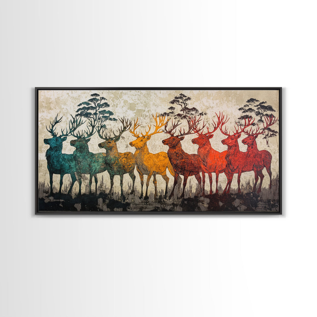 Rainbow Deer Silhouettes In Misty Pines Wall Art, Japanese Wildlife Canvas Print, Rustic Nature Decor, Large Living Room Art
