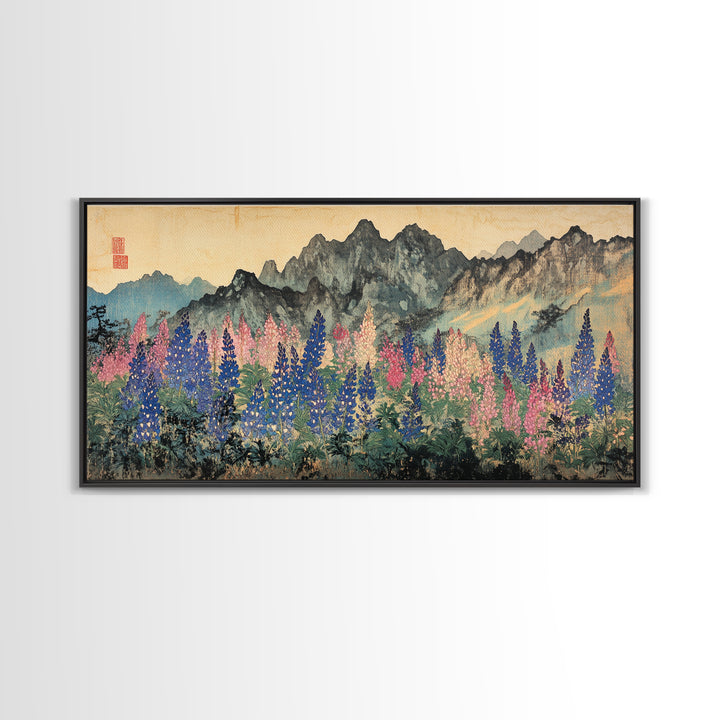 Colorful Lupine Meadow Below Ink Mountains Wall Art, Japanese Landscape Print, Botanical Home Decor, Large Living Room Wall Art